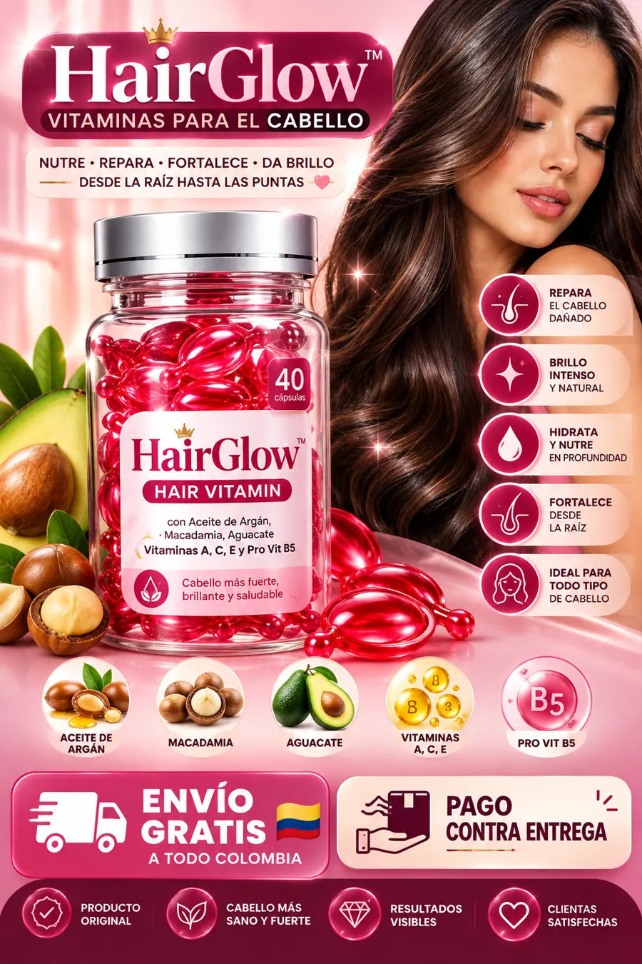 💗 HairGlow™ | Cápsulas de Brillo y Nutrición Capilar ✨